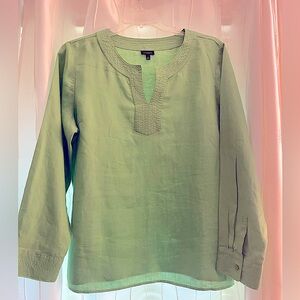 Talbots Linen Long Sleeve Relaxed Loose Fit Green Tunic Top Shirt Blouse Size XL